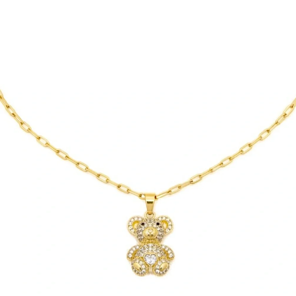 Iced Out Teddy Bear Paperclip Necklace 18K Yellow Gold Filled NWOT